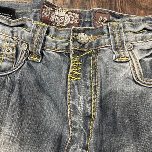 Akademiks True Fit Mens Jeans 32 Blue Faded Straight Leg Yellow Stitch